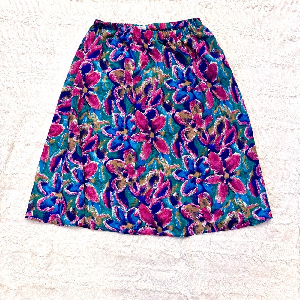Vintage 80s–90s Abstract Floral Midi Skirt – Fits Size 4/6 tagged a 14